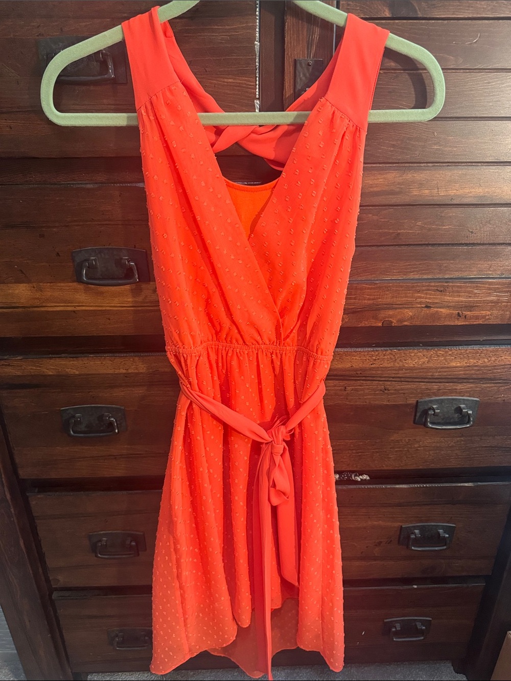 Bright Coral Belted V-Neck Dress